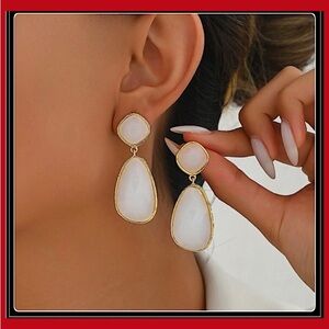 New gold white opaque marbled quartz stone bohemian hippie drop earrings